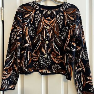 Tahari Women's Black and Orange Leaf Patterned Cardigan